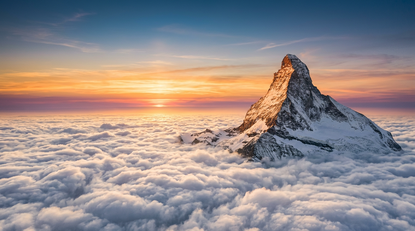 Mountain peak above clouds at golden hour